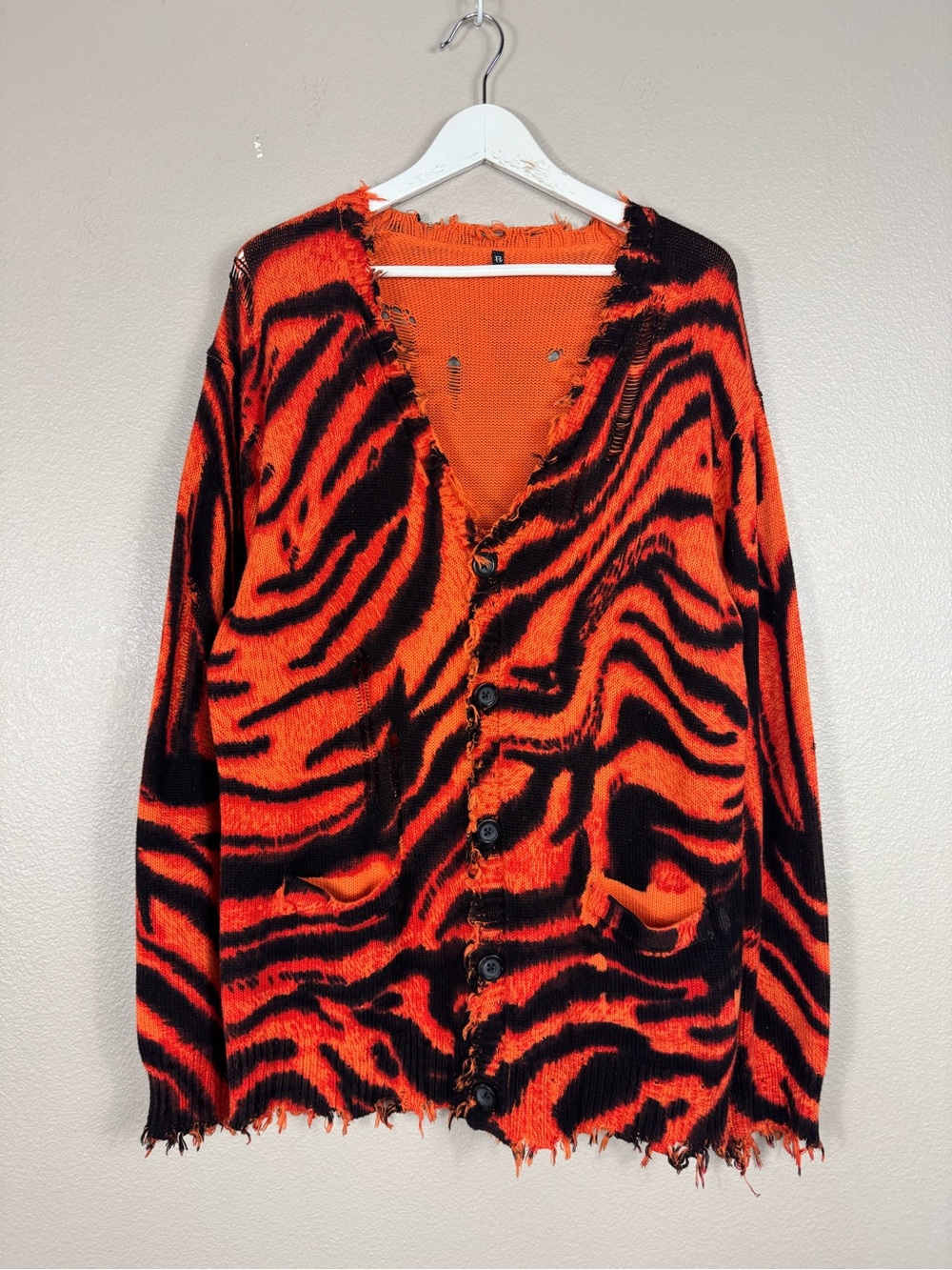 R13 Distressed Raw Edge Button Up Cardigan Sweater Tiger Stripe - Picture 7 of 9